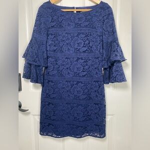 Eliza J Size 2 Navy Blue Lace Sheath Dress Fully Lined Bell Sleeves GUC …